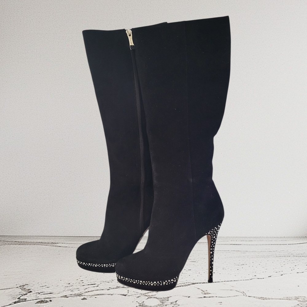 Black Genuine 100% Italian Suede Leather Knee High Swarovski  Silhouette Boots